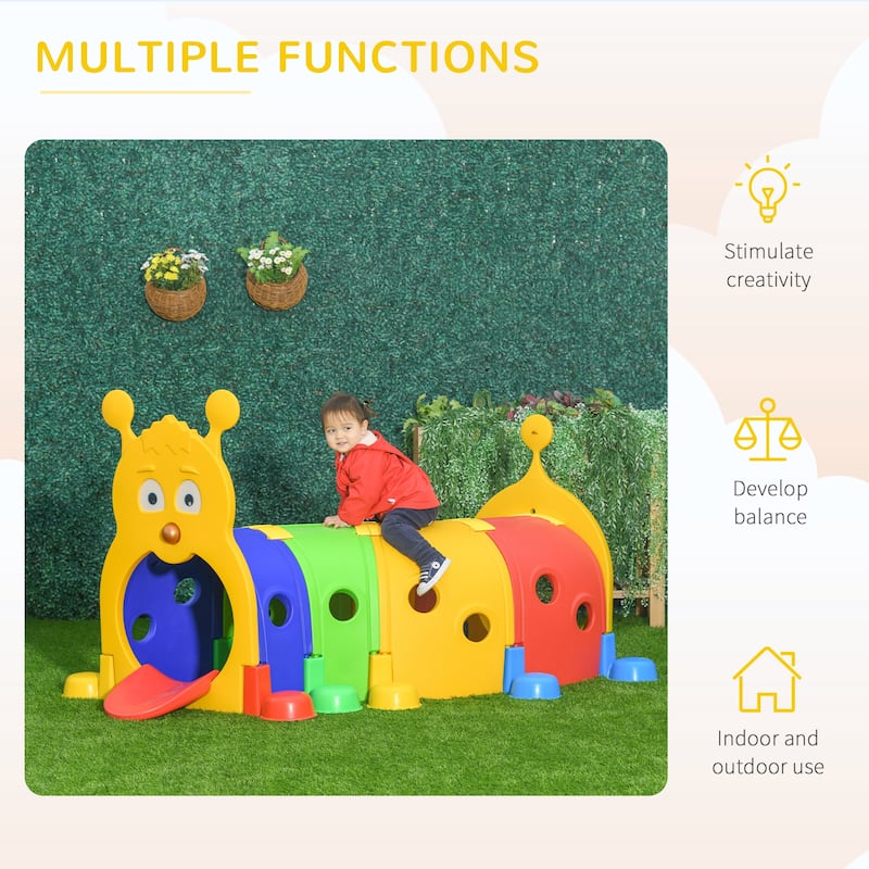 Kids Caterpillar Play Tunnel Multicolor Configurable Indoor Outdoor Fun for Age 3 to 6 - Multi - 72.75" L x 39.25" W x 41.25" H
