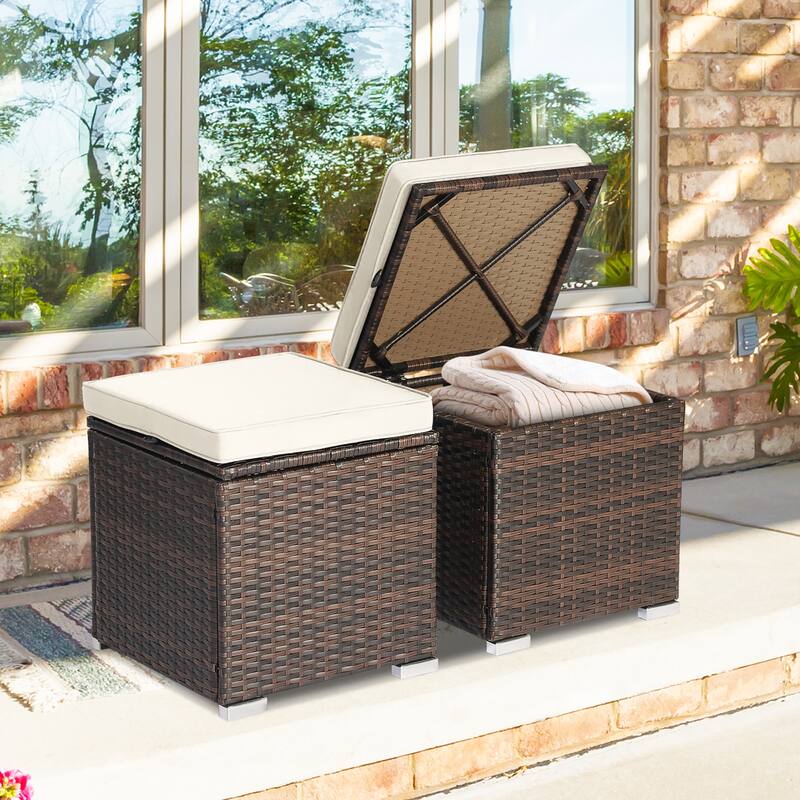 Costway 2PCS Patio Rattan Ottomans Seat Side Table Storage Box - See Details