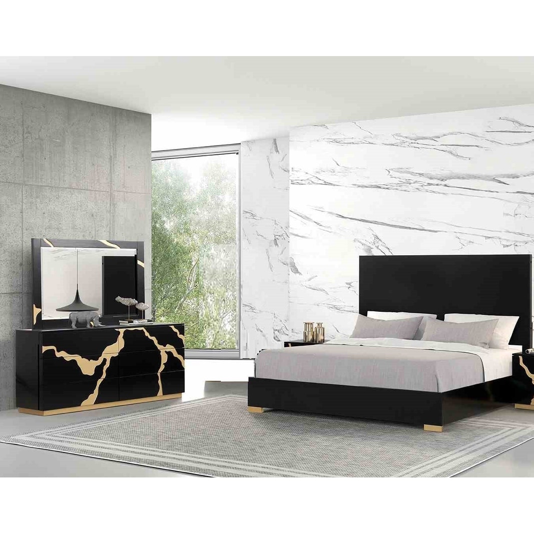 Glam 3pc Bed Dresser Mirror Black Finish Bedroom Set