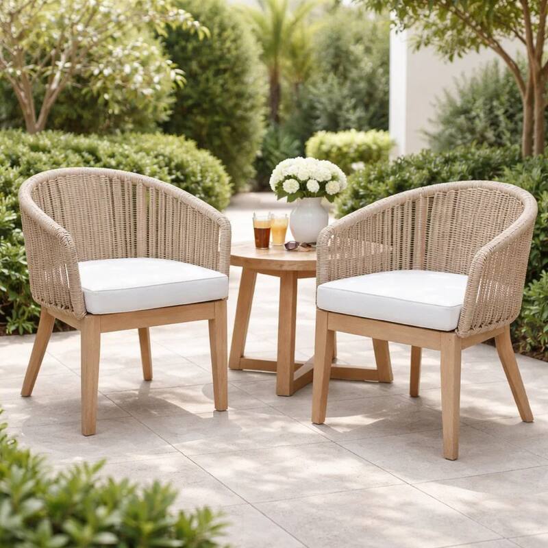 Dexi 24 Inch Set of 2 Dining Chairs, Acacia Wood Frame, Beige Woven Rope