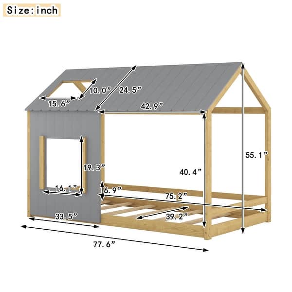 dimension image slide 0 of 4, Twin House Bed with Roof & Window - Whimsical Pine Wood Design for Kids