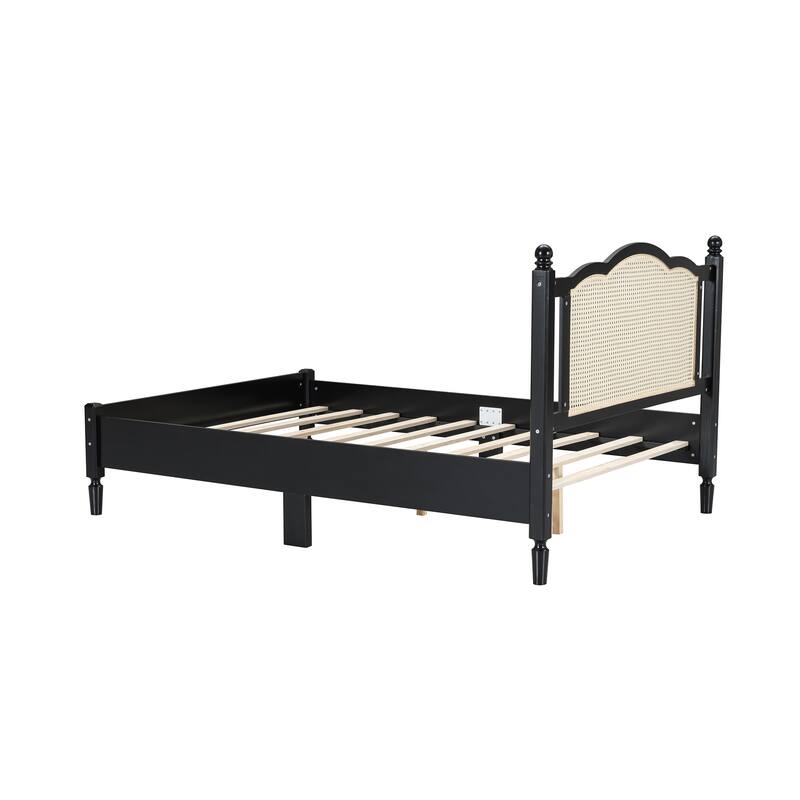 Full Size Wooden Platform Bed with Natural Rattan Headboard, Minimalist Design, No Box Spring Needed, 400 lbs Weight Capacity