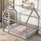 preview thumbnail 28 of 43, Floor Wooden Bed with House Roof Frame and Fence Guardrails