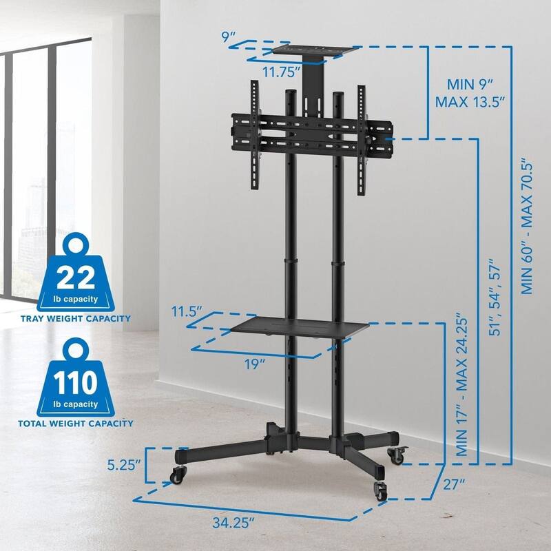 Mount-It! TV Cart Mobile TV Stand Wheeled and Height Adjustable with Rolling Casters and Shelf - Black