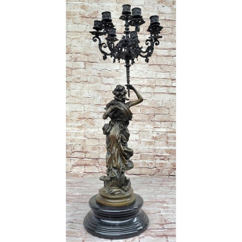Hot Cast Bronze Figurative French Candelabra Candleholder Female Figure By Moreau