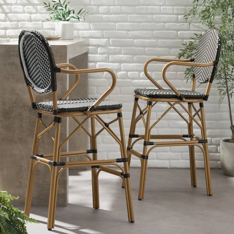 Outdoor Wicker and Aluminum Barstools, Set of 2
