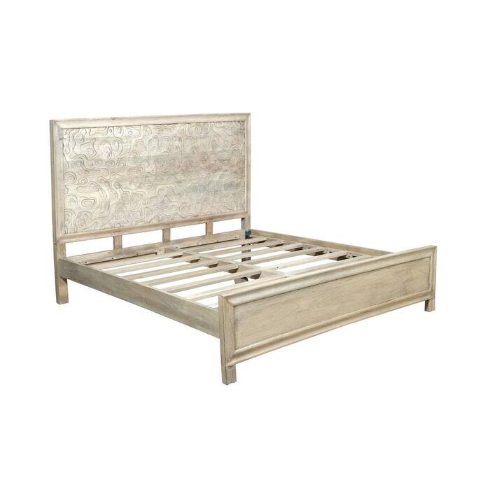 HomeRoots Gray Carved Abstract Solid Wood King Bed Frame