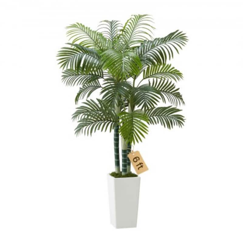 Thick-Trunk Areca Palm Artificial Tree with Green Leaves in White Planter for Home or Office Decor - 6-Feet