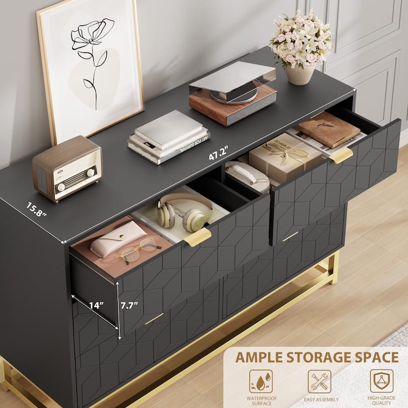 6 Drawer Dresser, with Gold Handles, for TV Stand & Closet