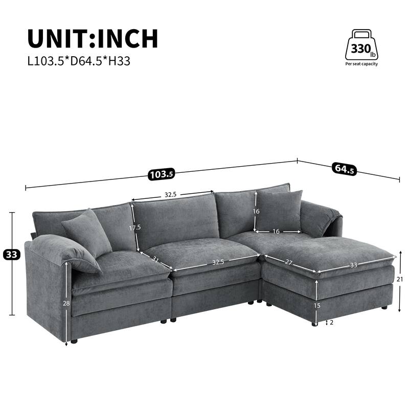 103.5" Chenille Sectional Sofa with 4-Seat L-Shaped Cloud Couch and Ottoman & Pocket Spring Cushions (330lb Capacity)