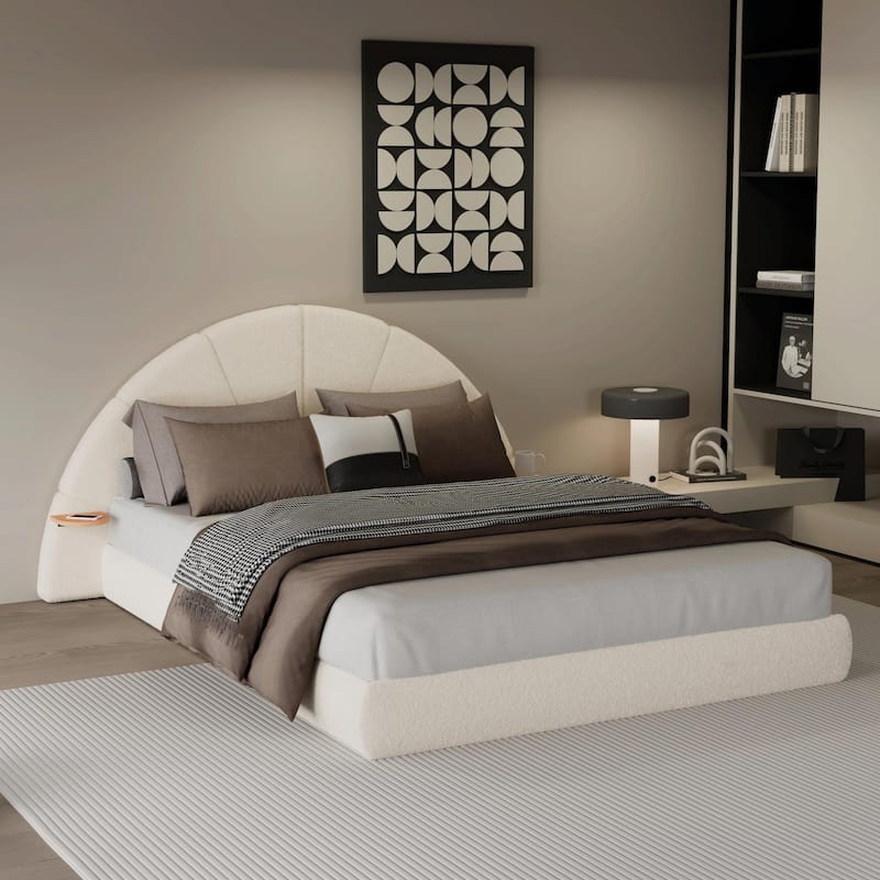 Unique Arched Bouclé Bed with Attached Small Table