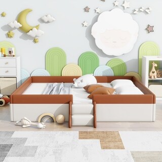 King Size Upholstered Bed Grounded Bed Slats Platform Bed with Safety Fence and Stairs, Rectangle Framework Easy Assembly