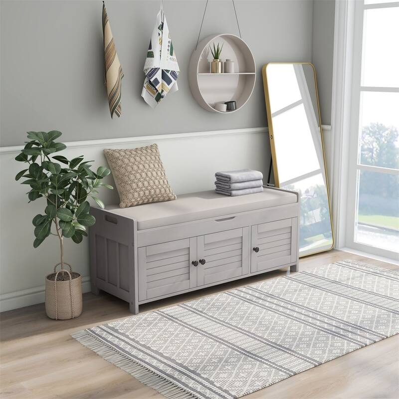 Merax 3 Shutter-shaped Doors Storage Bench with Removable Cushion - Gray Wash