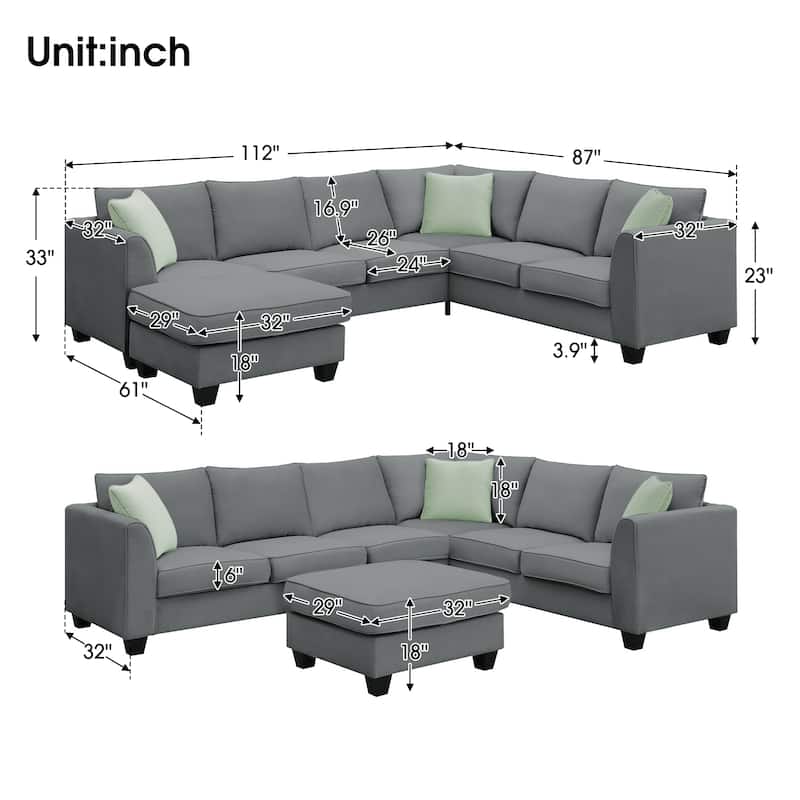 112-inch L-shaped 7-seat Modular Sectional Sofa with Ottoman and Three Pillows - 112"W x 87"D x 33"H