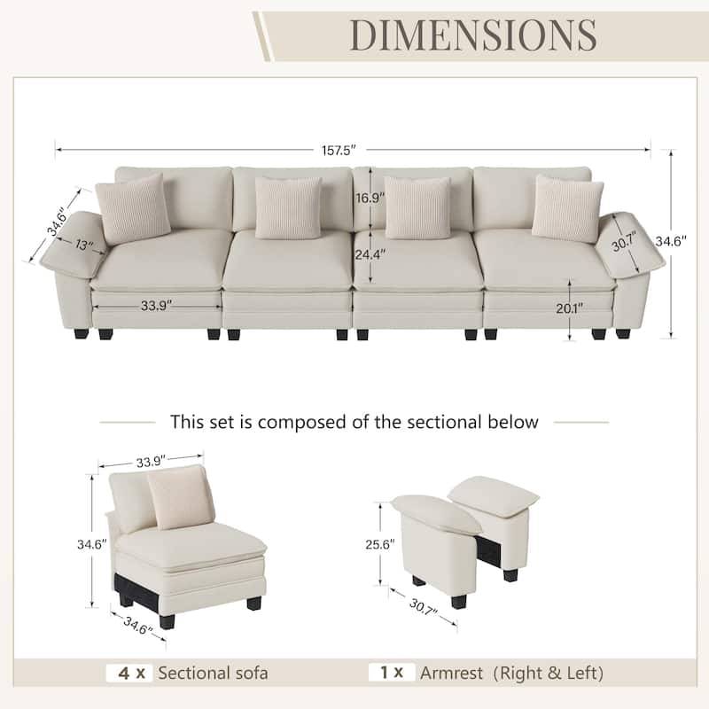 MAISON ARTS Cloud Modular Deep Seat Sofa, Chenille or Corduroy Sectional Couch with Removable Arms, 1–4 Seater