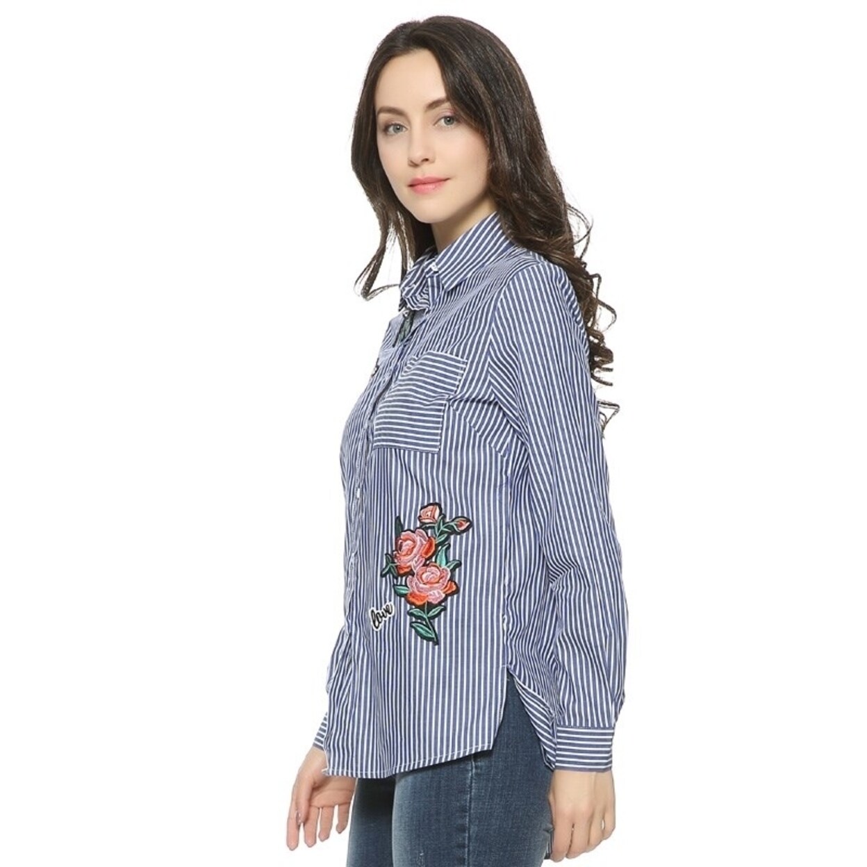 Shop Women Floral Dragonfly Embroidery Full Cotton Striped Blouse
