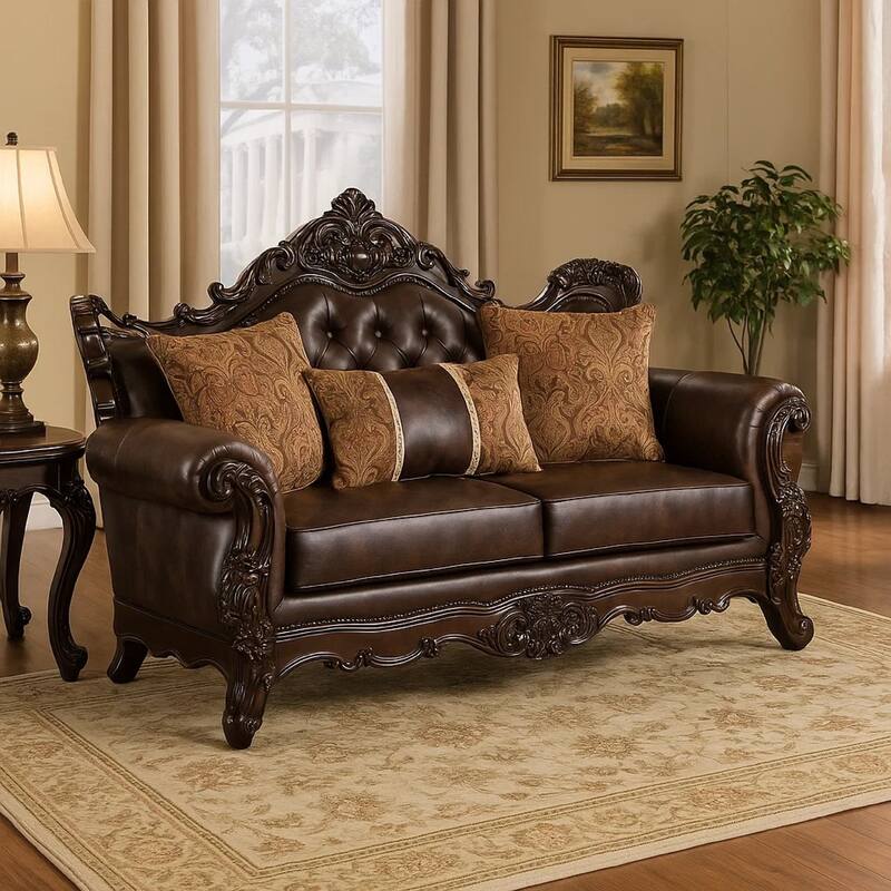 Puhi Loveseat w Accent Pillows, Brown Faux Leather, Ornate Carved 70 Inch