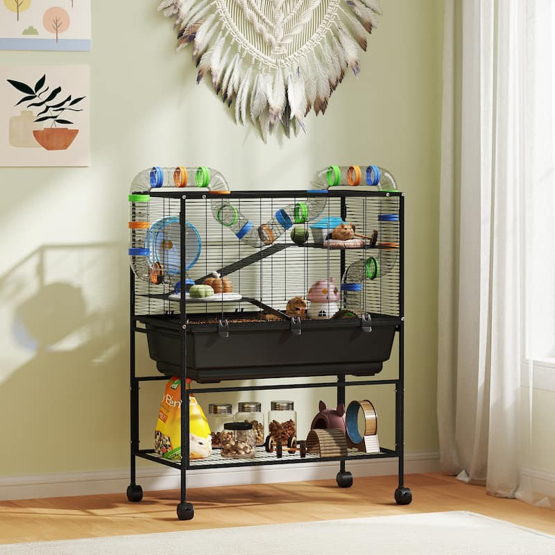 Three-Tier Hamster Tank with Wheels, Storage Shelf and Accessories - 32.3" L x 17.7" W x 41.9" H - Black