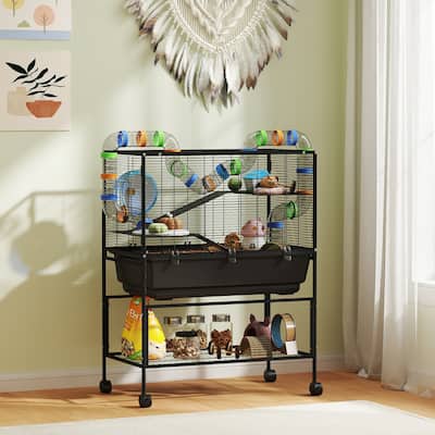 Three-Tier Hamster Tank with Wheels, Storage Shelf and Accessories - 32.3" L x 17.7" W x 41.9" H