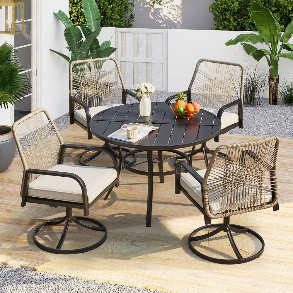 Outdoor Dining Set, Swivel Rattan Chairs w Thick Removable Cushion, Dining Table w Umbrella Hole, Patio Furniture Set