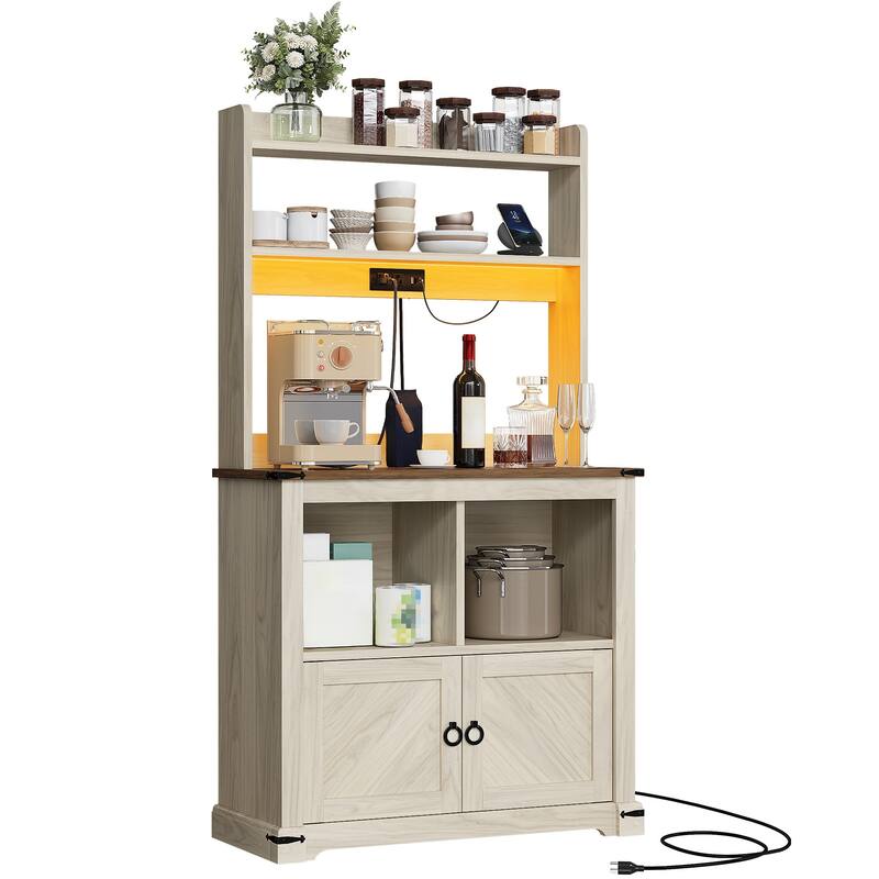 Moasis Farmhouse Kitchen Pantry Storage Cabinet Cupboard with Power Outlet, Microwave Stand and Adjustable Shelves