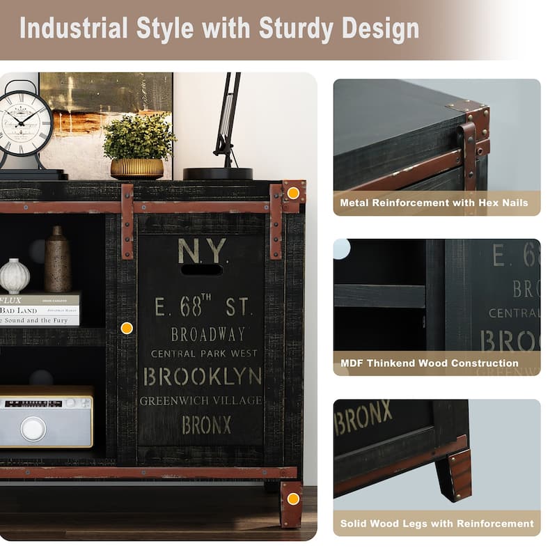 Industrial TV Stand for 55" TV,Rustic Barn Door Storage Cabinet, Black