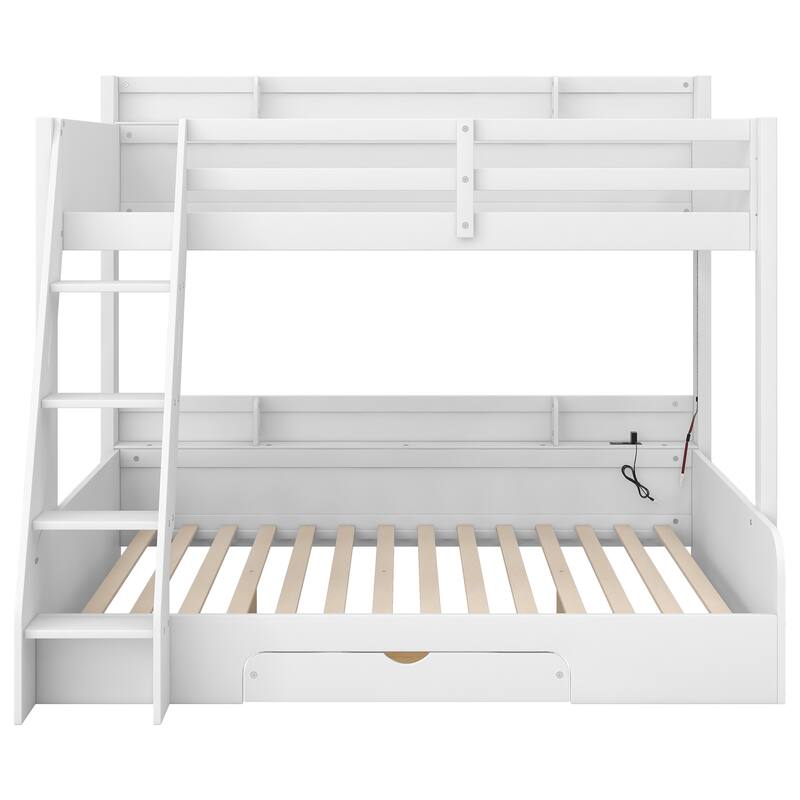 Twin Over Full Bunk Bed with Storage Shelves & Charging Station, Wood Bunk Bed Frame with Ladder and Built-in Drawer, Led Lights