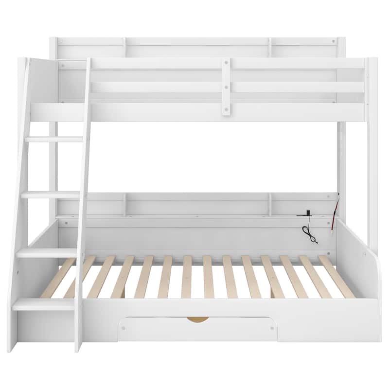 Twin over Full Bunk Bed with LED Lights, Charging Station, Storage Shelves & Drawer, Solid Pine Wood