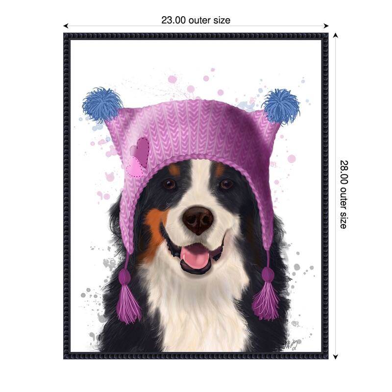 Bernese And Bobble Hat by Fab Funky (23 x 28 in.), Framed Canvas Wall Art Print - Sylvie Beaded Black