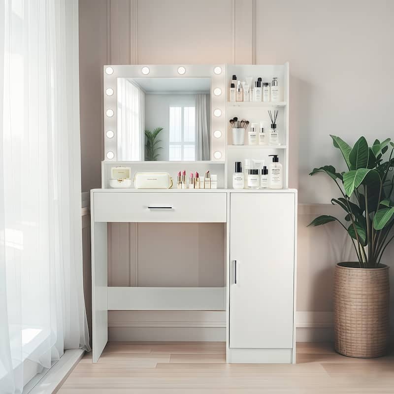 Vanity Desk with Mirror and Lights, Makeup Vanity with Drawer & Storage Cabinet, Adjustable Brightness, with Open Shelves - White
