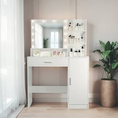 Vanity Desk with Mirror and Lights, Makeup Vanity with Drawer & Storage Cabinet, Adjustable Brightness, with Open Shelves