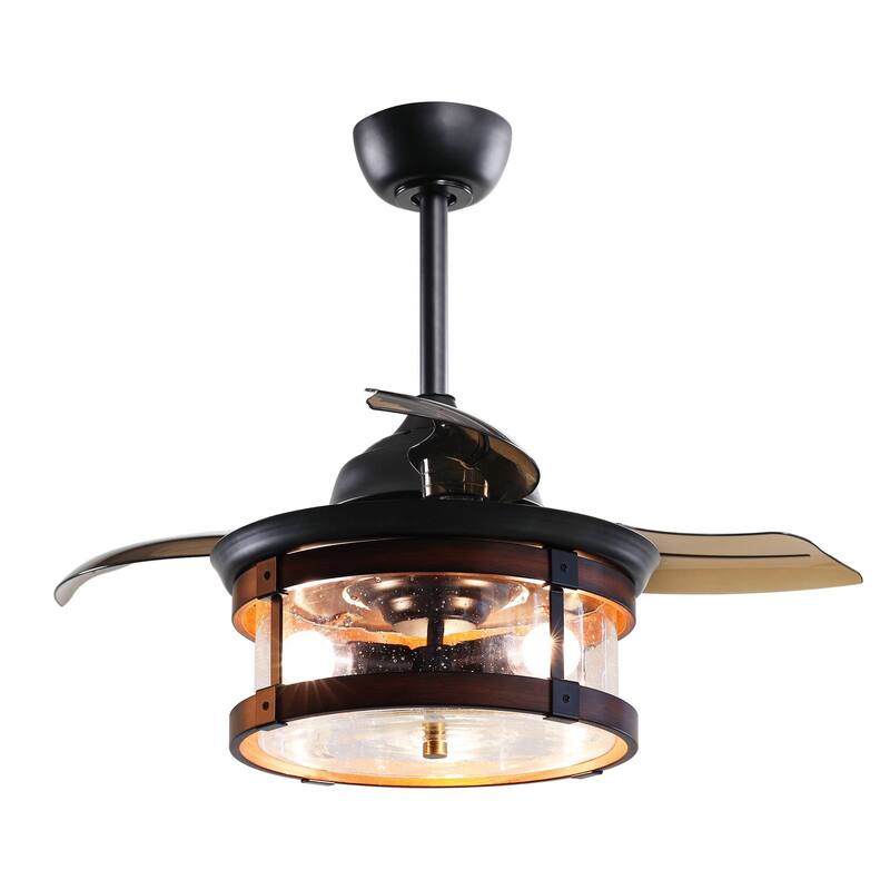 Industrial 3-Blade 3-Light Black and Brown Retractable Caged Ceiling Fan with Light Kit and Remote - 36 Inches