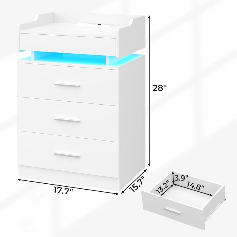 Nightstand with Charging Station and LED Lights 3 Drawers