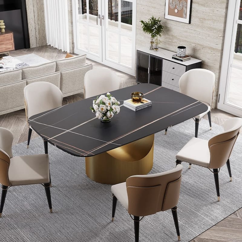 Modern Dining Table with Rectangular Sintered Stone Tabletop, Carbon Steel Leg, Minimalist Kitchen Dining Room Table