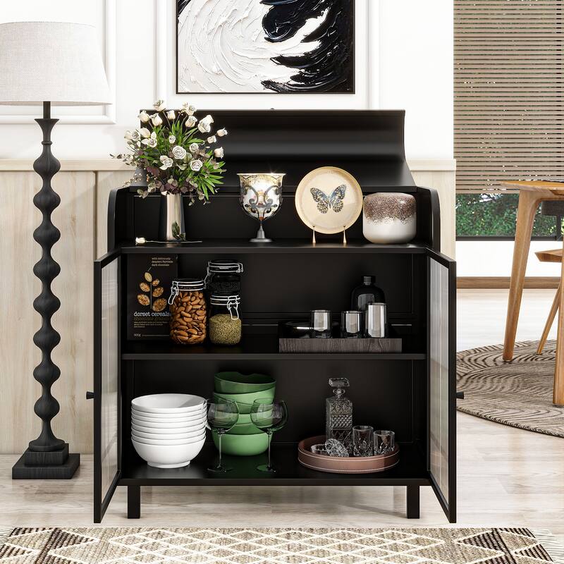 Kitchen Pantry with Tempered Figured Glass Doors, Buffet Cabinet with Flip Top and Shelves, Storage Cabinet with Metal Frame
