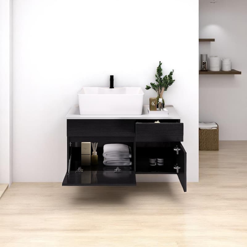 31.5" Wall-Mounted Bathroom Vanity with Vessel Ceramic Sink, Soft-Close Drawer & Doors,Engineered Stone Top(Faucet Not Included)