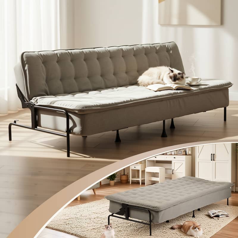 Homy Casa Modern Convertible Sofa Bed, Beige Futon Couch with Metal Frame