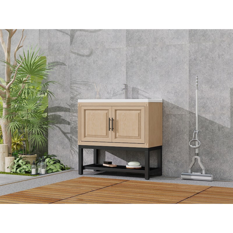 GDFStudio - CompactLine Modern Freestanding Bathroom Vanity with Ceramic Sink and Open Metal Shelf - 36 Inch