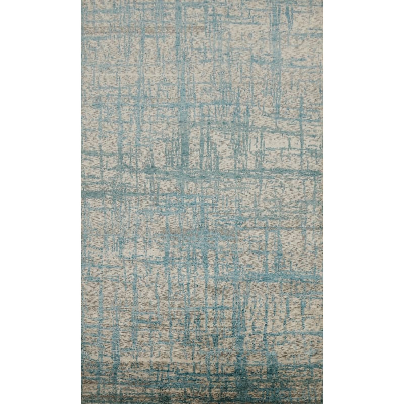 Hand Knotted Oriental Wool & Silk Carpet Modern Abstract Navy Blue & Blues Nepalese Area Rug - 10' 2'' X 6' 3''