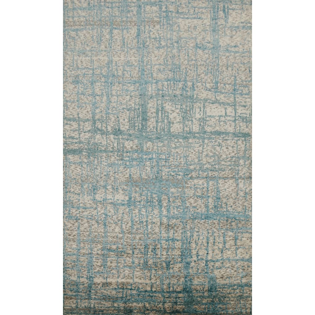 Hand Knotted Oriental Wool & Silk Carpet Modern Abstract Navy Blue & Blues Nepalese Area Rug - 10' 2'' X 6' 3''