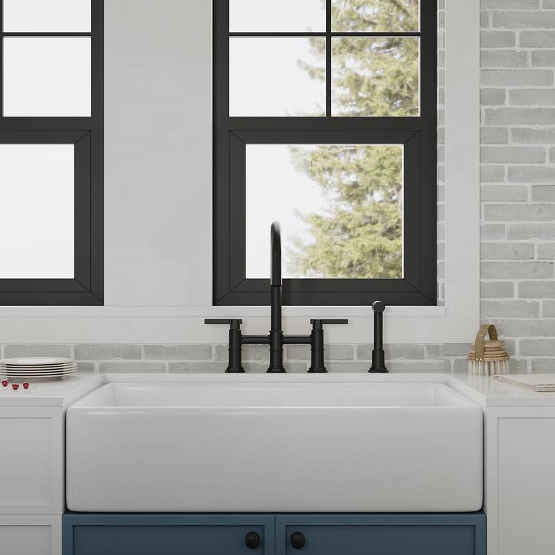 Modern Double Handle 4-Holes Deck Mount Bridge Kitchen Faucet in Black