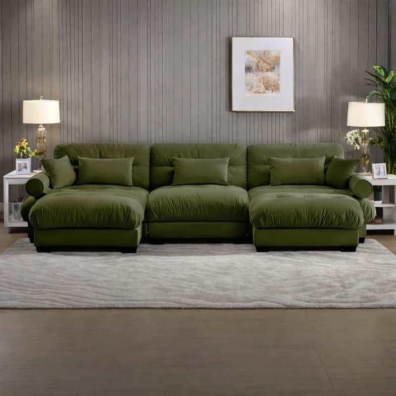 130" 3-Seat Velvet Modular Sectional Sofa with Movable Ottomans, Bolstered Armrests, and Included Pillows