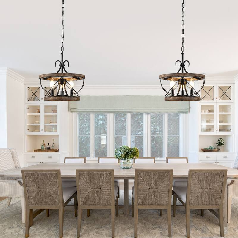 Bella Depot 5-Light Rustic Cage Wood Chandelier Dimmable Lighting, 15.7" Adjustable Farmhouse Pendant Light for Kitchen Island