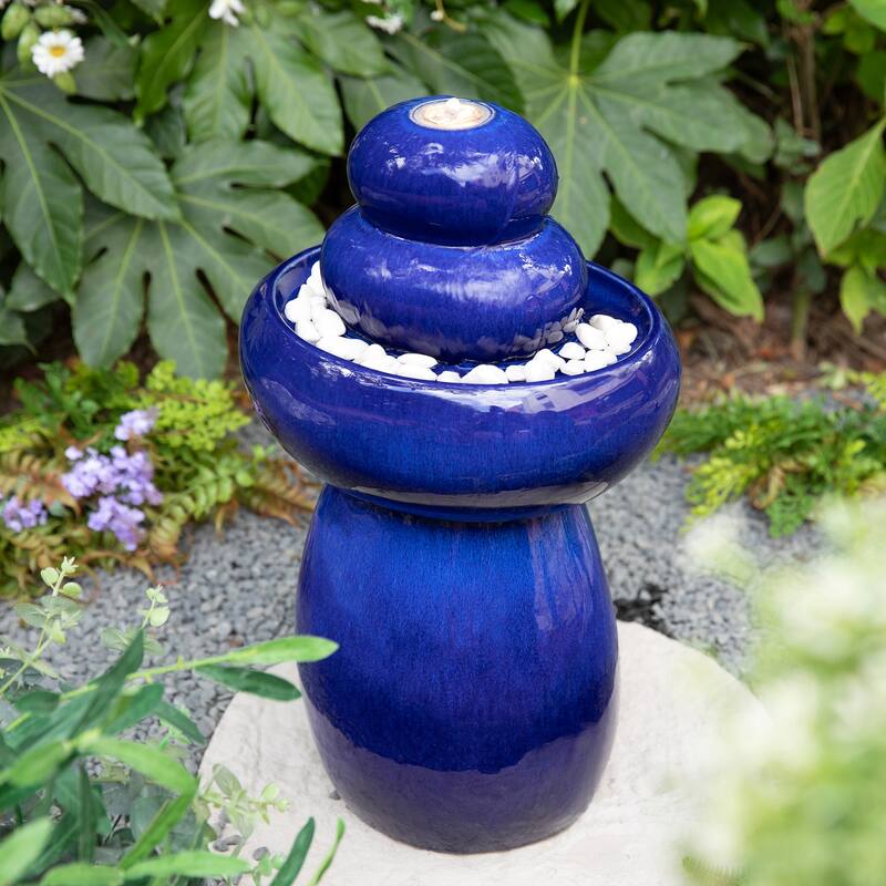Glitzhome 22"H Zen-Style Cobalt Blue Pebbles Outdoor Ceramic Fountain with Pump and LED Light