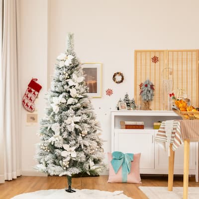 Gymax 5/6/7/8 FT Artificial Snow Flocked Pencil Christmas Tree w/