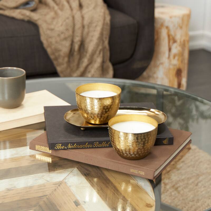 Silver or Gold or Copper Metal Scented Grid Patterned 10 oz 1 Wick Candle with White Wax (Set of 2) - Gold