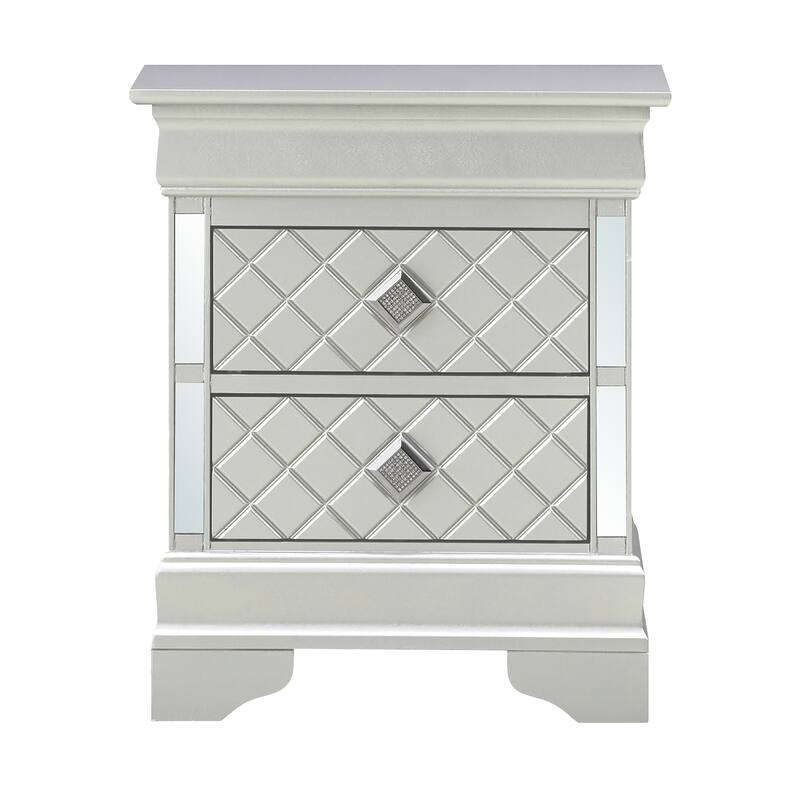 Modern 21-in 2-Drawer Faux Crystals Wood Nightstand - Silver Champagne