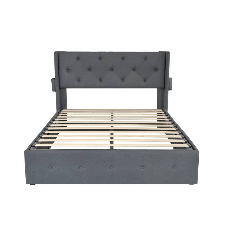 Queen Size Storage Bed Frame with Lift-Up Mechanism, USB Ports, and Modern Headboard