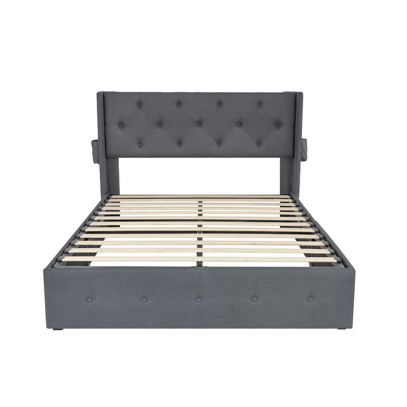 Wingback Upholstered Bed Low Profile Platform Bed Frame with USB Ports, Side Pockets and Hydraulic Lifting Storage