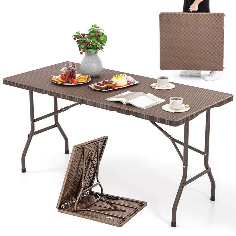 Costway 5 ft Folding Picnic Table Outdoor Dining Table with Rattan - See Details - Brown